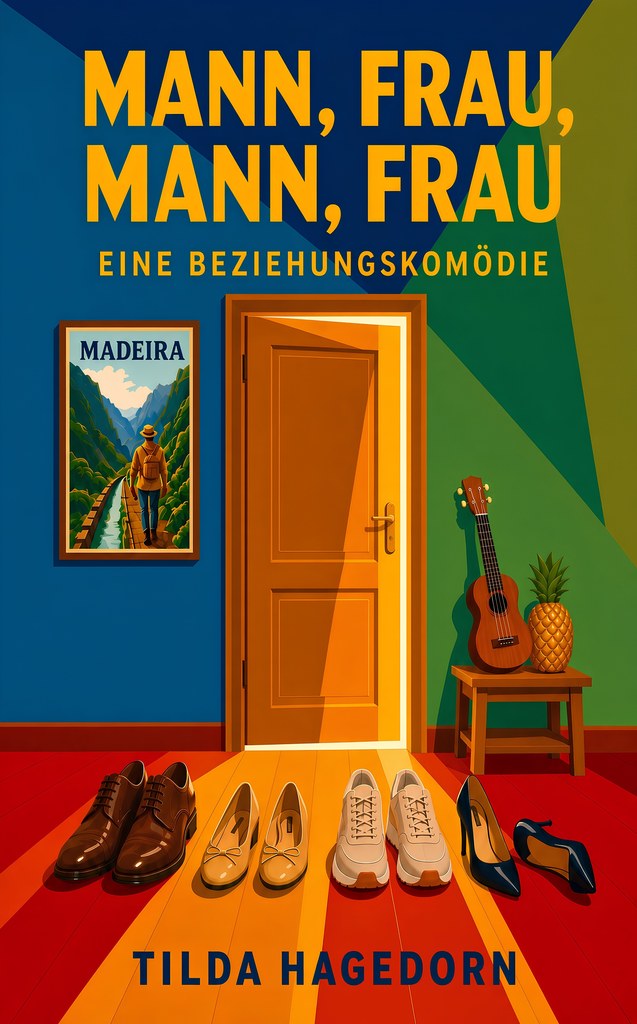 Buchcover: vier Paar Schuhe vor einer angelehnten Tür, aus der Licht fällt.